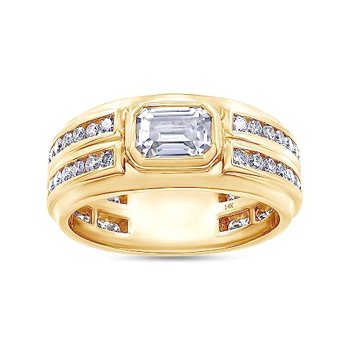 Wishrocks 2 1/4 CT Center 7X5MM Emerald & Round Cut Moissanite Men's Double Row Anniversary Wedding Band Ring In 14K Solid Yellow Gold For Men(VVS1/2.25Cttw)-10.5