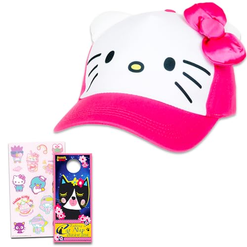 Hello Kitty Hat Bundle - Baseball Cap with Bow and Stickers - For Girls 4-6 Years - Officially Licensed Sanrio Product