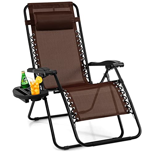 Image of Giantex Zero Gravity Reclining Chair, Outdoor Patio Recliner with Cup Holder & Removable Pillow, Adjustable Backrest, Indoor Lounge Chair for Backyard, Garden, Poolside (Brown)