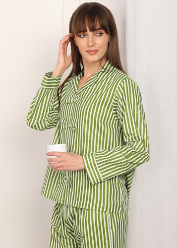 Image of Vlazom Women Cotton Striped Night Suit Set with Pocket | Full Sleeve Shirt & Pajama Co-Ord Set | Soft Breathable Sleepwear with Bow Detail | Comfortable Loungewear for Home