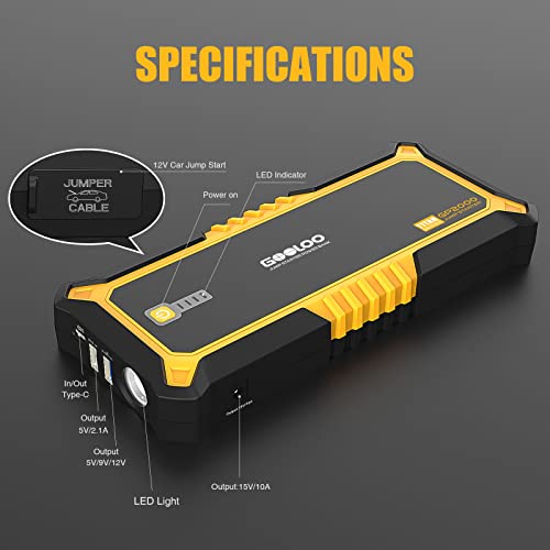 Gooloo Gp2000 2000 Amp Car Battery Jump Starter For Up To 9L Gas And 7L Diesel Engines, Supersafe 12V Portable Car Battery Booster Pack, Lithium Jump Box With Led Light,Usb Quick Charge,Type-C,Yellow #TOP5