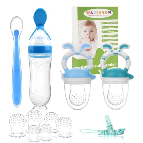 Image of WAJIAYON Baby Fruit Feeder Pacifier | 2 Infant Food Feeder Pacifier & Baby Food Dispensing Spoon | Mesh Fresh Fruit Teethers for Babies Teething Feeders | Shower Gifts for Boys and Girls (Blue)