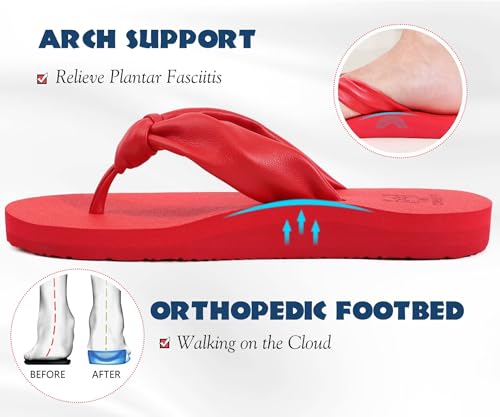 KuaiLu Womens Flip Flops Comfort Arch Support Yoga Mat Cushion Orthotic Thong Sandals Fashion Leather Slip On Summer Beach Walking Slides Outdoor Plantar Fasciitis Recovery Shoes Red 5 - Image 3