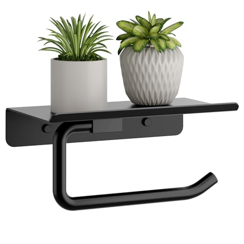 PUKANIUM Black Toilet Roll Holder, Screw-in Wall Mounted Toilet Paper Holder with Phone Shelf, 304 Stainless Steel Tissue Holder, Rustproof Multifunctional Bathroom Storage Dispenser