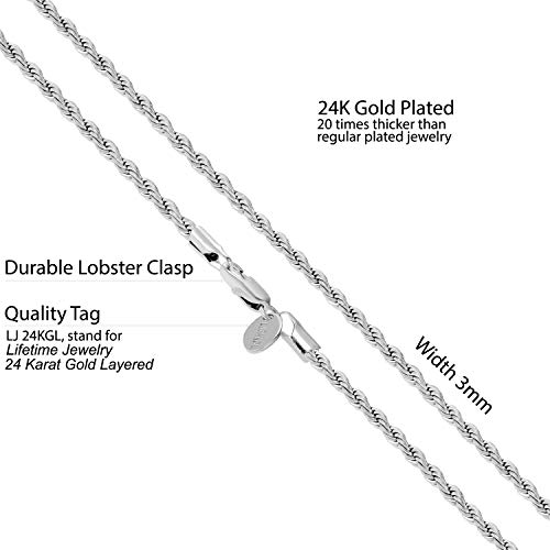 Lifetime Jewelry 3Mm Diamond Cut Rope Chain Necklace 24K Real Gold Plated (22 Inches, 2 - White Gold Plated) #TOP3