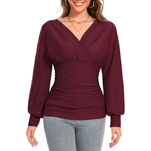 Fynadressr Women Long Sleeve Wrap Sweater Casual Knit V Neck Pullover Slim Fit Ruched Top Blouses Burgundy L Cover