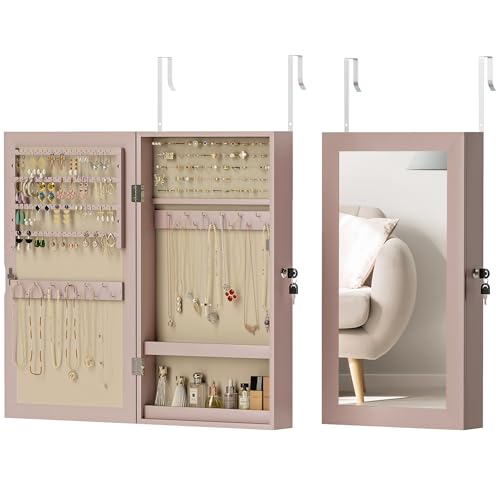 HOMCOM Espejo Joyero de Pared Armario para Joyas con Cerradura y Varios Compartimentos Montar en Pared o Puerta para Pendiente Collar Anillo Pulsera Rosa y Forro Beige