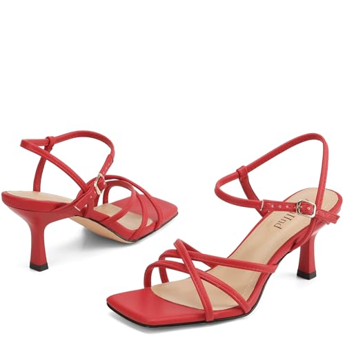 Image of AIUNIIND Kitten Heels for Women, Strappy Square Open Toe Sandals 2.5 inch