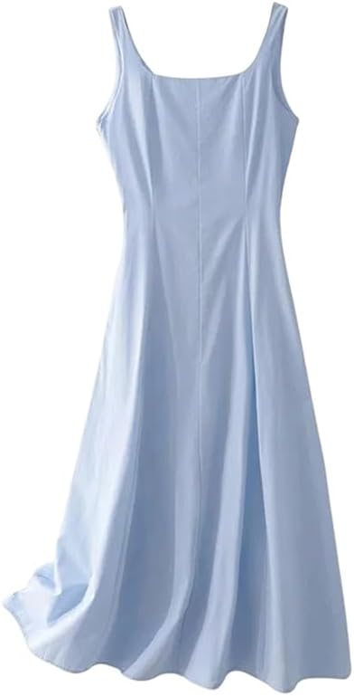 Women Square Collar Dress Beach Outfit Long Skirt Strap A-Line Cotton Dress Beachwear Dress