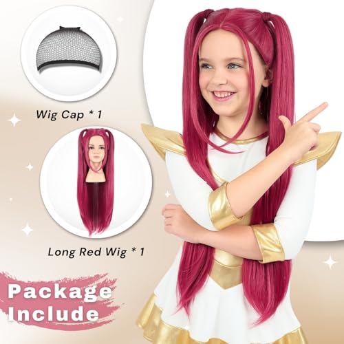 Image of morvally 27.6 Inches Long Red Wig with 2 Ponytails - Anime Cosplay Wigs for Halloween Costume Party (Red, Small Head)