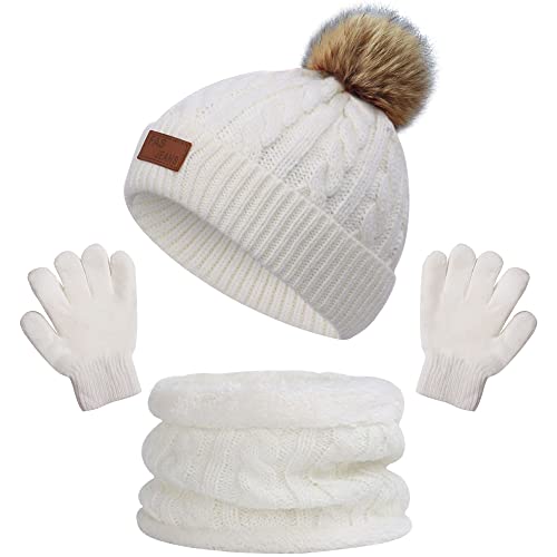 beifon Gorro de Punto Invierno Térmico con Guantes y Bufanda Forro Polar Niños Set Beanie Gorro Sombrero de Punto Invierno Cálido con Pompon para Niños Niñas 3-8 Años (Blanco)