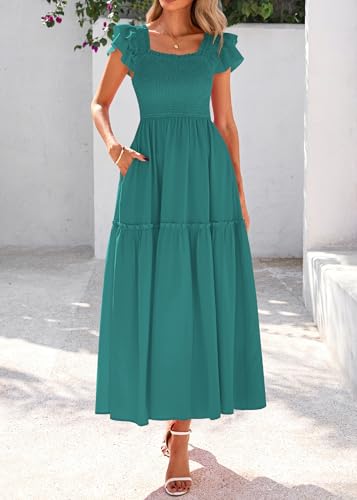Image of KIRUNDO Smocked Summer Midi Dresses for Women 2026 | Flowy Long Dress, Ruffle Short Sleeve, Square Neck, Pocketed, Sundress for Casual, Church, Wedding Guest, Baby Shower