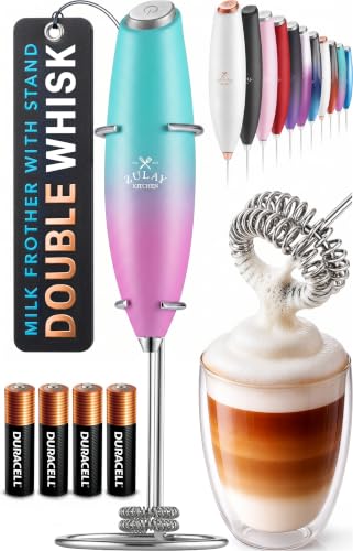 Image of Zulay Kitchen Powerful Milk Frother Wand With Duracell Batteries - Ultra Fast Handheld Drink Mixer - Electric Whisk Foam Maker for Coffee, Lattes, Cappuccino & Matcha - Double Whisk - Bubblegum