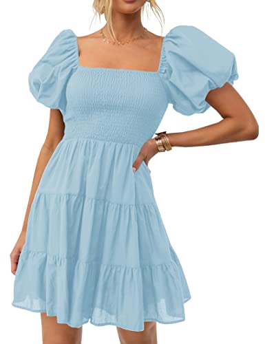 ZESICA Women's Boho 2025 Summer Square Neck Puff Sleeve Off Shoulder Smocked Tiered Casual A Line Short Mini Dress,LightBlue,Medium