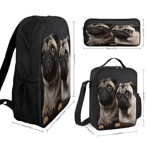 Printed Backpack With Lunch Pack Storage Box Case Cute Pet Pug 3pcs Lightweight Travel Backpack2
