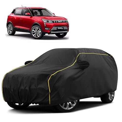 Image of Sulfar 100% Water Resistant Car Body Cover Compatible with Mirror for Mahindra XUV 300 (Triple Stitched, Full Bottom Elastic, Black Taffeta with Yellow Piping)