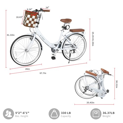 Bggfnz 26 Inch Foldable Beach Cruiser Bike Womens Bicycle, 7 Speed Bikes For Women, Commuter Bicycle For Adult With Basket, Dual V-Brake Complete Cruiser Bikes thumb #1