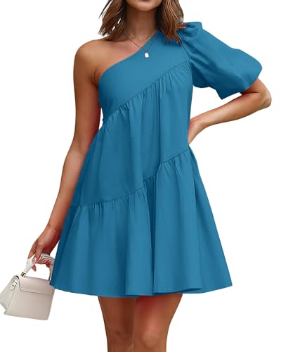 Image of KIRUNDO Summer One Shoulder Mini Baby Doll Dresses Women 2026 Casual Puff Sleeve Loose Tiered A Line Flowy Short Dress