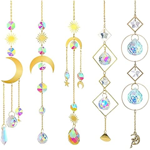 Lyneun 5 Pack Crystal Sun Catchers, Colorful Gold Moon Star Sun Hanging Suncatcher with Chain for Window, Rainbow Maker Glass Crystal Ball Pendant Ornament for Garden Home Wedding Decoration Cover