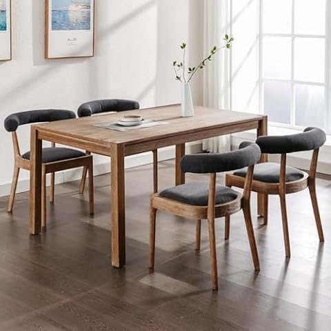 Kmax Dining Room Chairs, Mid-Century Modern Fabric Kitchen Chairs with Natural Walnut Finished Frame, Linen Curved Back, Set of 4, Charcoal Black Cover