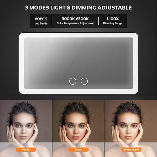 Image of Car Vanity Mirror with LED Lights, Rechargeable 2000 mAh, 3 Light Modes with Dimmable Touch Control, Sun Visor Mirror for Makeup, Grooming and Driving