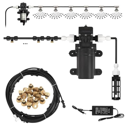 ミスト発生器 自動噴霧加湿器 12V 60W キット ミストポンプ付き タンク式 ミストシャワー 熱中症対策 加湿・冷却・粉塵や埃対策用 細かい霧 手軽にミストシャワー お庭/ベランダ/畜舎/工場//倉庫などに 自動霧吹き装置 18メートル 26ノズルの商品画像（Amazon）