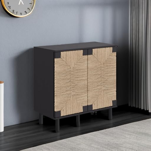 Image of Nathan James Beacon Accent Natural Sideboard Storage Cabinet TV Stand in Wire-Brushed Wood with Adjustable Interior Shelf and Seagrass Doors, for Hallway, Entryway or Dining Room, Black, Set of 3