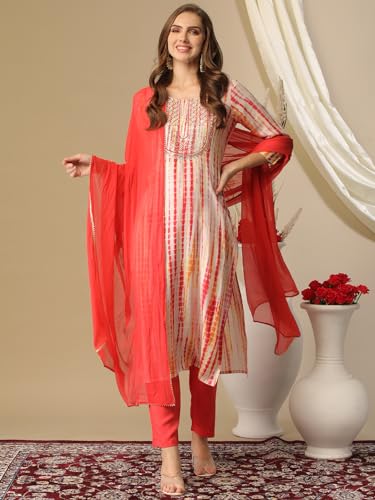 Image of GoSriKi Women's Rayon Blend Straight Printed Kurta with Pant & Dupatta