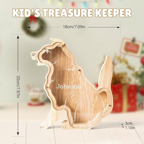Image of Personalized Wooden Dog Piggy Coin Banks for Kids Name | Custom Gifts for Kids Birthday & Decor, Wooden Cashbox Money Jar Educational Toy for Boys Girls