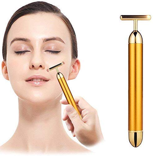24k gold energy beauty bar electric facial massager | waterproof vibrating t-shape face roller & slimming bar for face lifting, wrinkle reduction, anti-aging & skin tightening (gold)