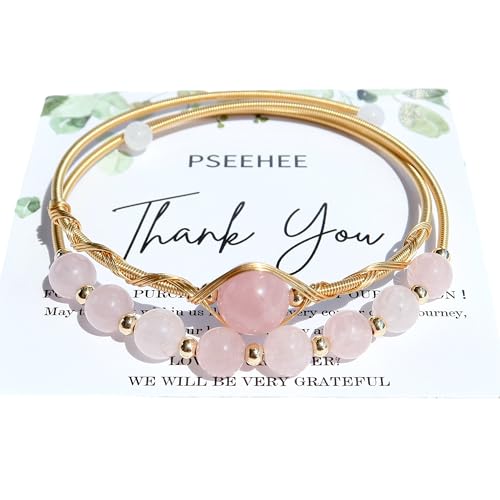 Handmade Genuine Rose Quartz Beads Double Layered 14k Gold Filled Wire Wrapped Bracelet, Birthstone Chakra Healing Gemstone Crystal Adjustable Bangle Cuff Jewelry Gift for Women Girls