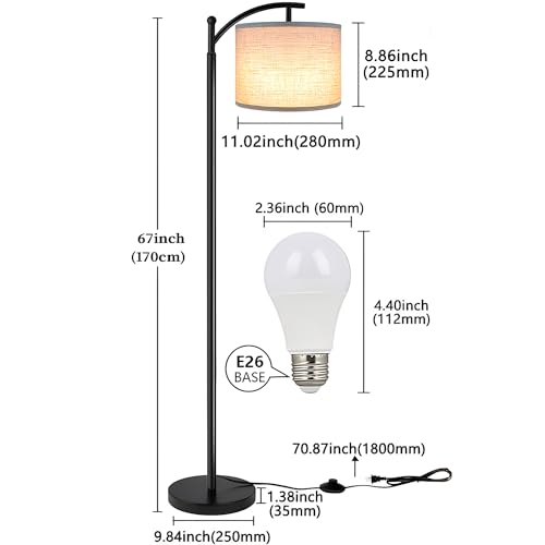 Baoly LED Floor Lamp,Arc Floor Lamp with Big Linen Lampshade, Classic Tall Standing Lamp Reading Light for Bedroom,Study Room,Office with 3 Color Temps 9W LED Bulb (Black)