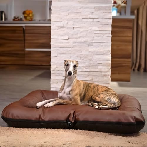 4L Textil Ella Hundebett für Mittelgroße Hunde Kunstleder Wasserfeste Matratze (90x70 cm, Braun)
