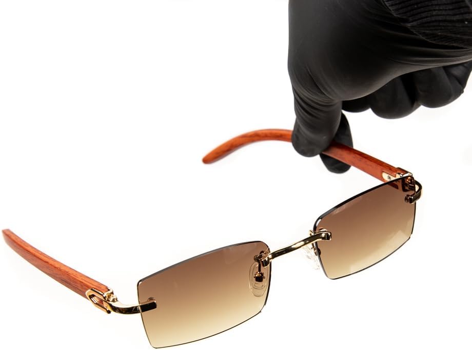 Men Women Rimless Gold Frame Stylish Brown Tinted Woodgrain Shades 90s Rectangle Cool Frameless Retro Trendy Hip Hop Old School Unisex Square Sunglasses