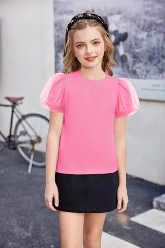 Image of Arshiner Girls Shirts Mesh Puff Short Sleeves Blouse Crewneck Cute Print Summer Kids Tee Tops