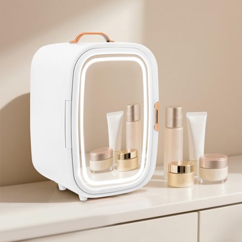 Image of 12 Liter Beauty Fridge with Lighted Mirror for Cosmetic Storage, Compact Skincare Fridge for Makeup Lipstick, Portable Refrigerator for Bedroom Bathroom (White,with Mirror)