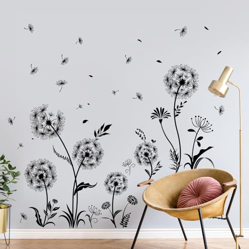 Tanlaby Dente di Leone Nero Adesivi Murali Piante Farfalla Sticker Murali Fiori da Giardino Decorazione Murale per Soggiorno Camera da Letto Ufficio TV Divano Bagno Sfondo