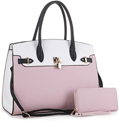 DELUXITY Women's Designer Top Handle Satchel Handbag Tote Bag Briefcase 2pc set | Pink/White