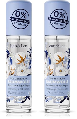 Jean & Len Deo-Zerstäuber Baumwolle, 24 Stunden zuverlässiger Schutz vor Körpergeruch und Achselnässe, hautzarte Pflege, Deo ohne Aluminiumsalze, vegan, 75 ml (Packung mit 2)