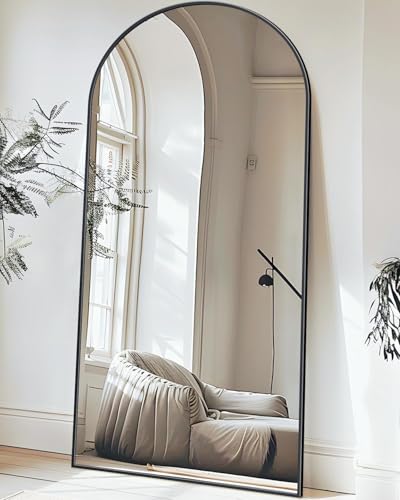 antok Ganzkörperspiegel, 180x76cm Gewölbter Standspiegel Groß in Voller Länge, Wandspiegel mit Aluminiumlegierung Rahmen und Bruchsichere Glas, Bodenspiegel für Wohnzimmer, Ankleide, Schwarz
