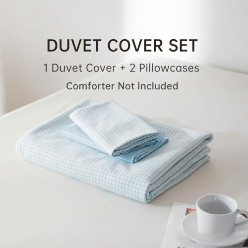 Image of BOLINLIVING Gingham Duvet Cover Queen Size, Reversible Blue White Checkered Plaid Comforter Cover with 8 Corner Ties, 3 Pcs Grid Soft Microfiber Bedding Set for Women Men All Season