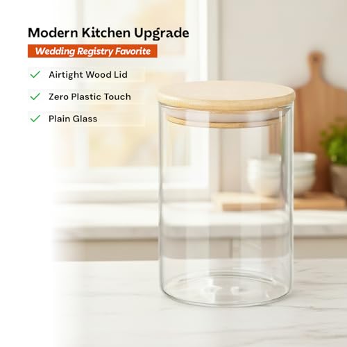 Image of amazon basics Glass Jars with Bamboo Lids, Set of 6, 600ml Borosilicate Kitchen Storage Containers for Tea, Coffee, Sugar, Spices, Dry Fruits & Pantry Organization