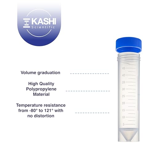 Image of Kashi Scientific 50mL Self Standing Centrifuge Tubes with Screw Cap Lid, Lab Grade Polypropylene Plastic, Skirted, Printed Graduation, Write-on Spot [50mL Self-Standing, 300]