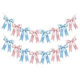 2 Strings of 16PCS Baby Pink&Baby Blue Bow Garlands Banner Decoration,Pre-Strung Satin Ribbon Ornaments for Gender Reveal Party,Baby Shower,Birthday,Bridal Shower,Graduation Decor,Anniversary,Wedding