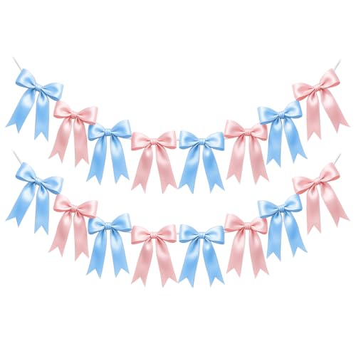 2 Strings of 16PCS Baby Pink&Baby Blue Bow Garlands Banner Decoration,Pre-Strung Satin Ribbon Ornaments for Gender Reveal Party,Baby Shower,Birthday,Bridal Shower,Graduation Decor,Anniversary,Wedding