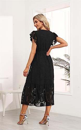 Image of VintageClothing Womens Sundress Casual Floral Summer Boho Dress | Flowy Wrap V Neck Ruffle A-Line Pleated Hem Midi Dresses
