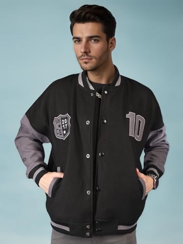 Image of CHKOKKO Men's Oversized Varsity Jacket with Snap Button Closure and Patch Design Trendy Comfortable Outerwear for College Travel and Casual Wear