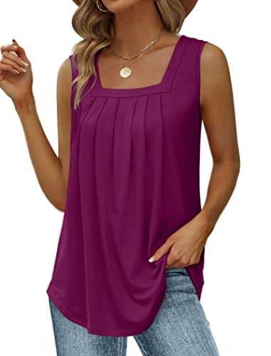 Image of Saloogoe Summer Tank Tops for Women Loose Fit Pleated Square Neck Sleeveless Tops Curved Hem Flowy