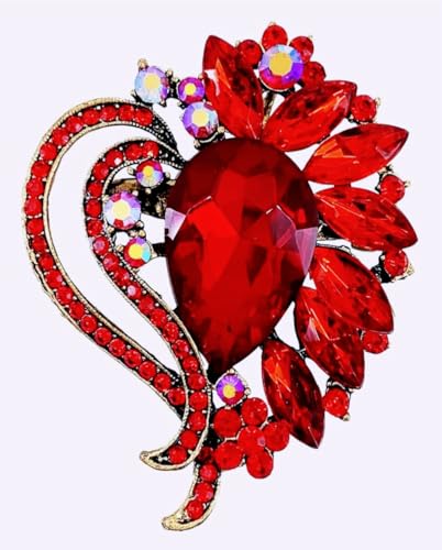 Vintage Crystal Brooch Pin, Red Rhinestone Heart Design, Gold Metal,