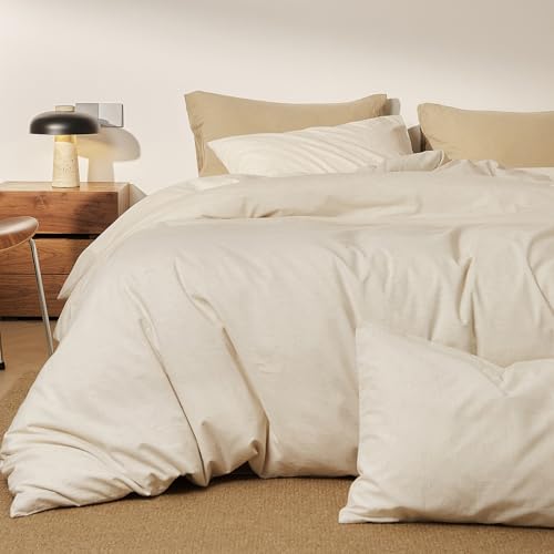 Image of mixinni 3 Piece Washed Cotton Linen Blend Duvet Cover Set King Size, Soft Breathable Farmhouse Beige Neutral Solid Duvet Cover with Natural Linen Texture, 104x90 inches with 2 Pillowcases
